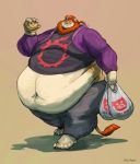  anthro bag belly belly_overhang big_belly burger chubby_cheeks claws clothed clothing ed_shapeshifter felid food fur hi_res holding_food holding_object lion love_handles male mammal mane midriff moobs navel obese obese_male overweight overweight_male pantherine smile solo tan_fur thick_thighs toe_claws walking wide_hips 