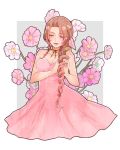  1girl aerith_gainsborough bare_arms bare_shoulders black_ribbon blue_flower breasts brown_hair cleavage closed_eyes collarbone dress drill_hair eyebrows_visible_through_hair final_fantasy final_fantasy_vii flower hair_flower hair_intakes hair_ornament hair_ribbon highres long_hair medium_breasts neck_ribbon pink_dress pink_flower pink_ribbon purple_flower ribbon smile solo strapless strapless_dress toufu_(toufu_53) white_flower yellow_flower 