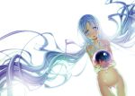  1girl ass_visible_through_thighs bangs blue_eyes blue_hair blush breasts character_request cleavage copyright_request highres huge_filesize long_hair looking_at_viewer navel nude open_mouth orb sakuya_tsuitachi shiny shiny_skin simple_background solo teeth very_long_hair white_background 