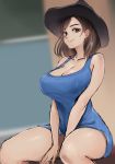  1girl absurdres bare_shoulders between_legs blue_dress breasts brown_eyes brown_hair character_request cleavage closed_mouth commentary_request cowboy_hat dress hand_between_legs hat highres huge_breasts looking_at_viewer original shirofugu short_hair sitting smile thighs 