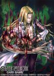  1boy abs aura bare_pectorals basil_hawkins blonde_hair commentary_request copyright_name cowboy_shot crost gloves green_background holding holding_sword holding_weapon long_hair looking_at_viewer male_focus official_art one_piece one_piece_card_game pectorals solo straw_doll sword weapon 