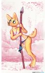  2019 absurd_res accidental_exposure anthro candid canid canine canis clothed clothing domestic_dog flaccid forest fur hi_res holding_object holding_weapon loincloth male mammal melee_weapon mothandpodiatrist open_mouth orange_fur outside painting_(artwork) penis pink_background polearm simple_background solo spear standing traditional_media_(artwork) tree tribal unaware wardrobe_malfunction watercolor_(artwork) weapon 