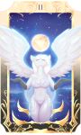  2019 anthro avian big_breasts breasts card clothing detailed_background dsixzey eyes_closed feathers female fortune_telling hi_res hippogryph invalid_color moon navel robe scuted_arms scutes star tarot tarot_card thigh_gap translucent wings 