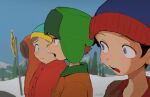  4boys :3 absurdres black_hair blue_beanie blue_eyes blue_sky brown_jacket bus_stop closed_mouth day eric_cartman green_hat hat highres hood hood_up jacket kenny_mccormick kyle_broflovski male_focus multiple_boys open_mouth orange_jacket outdoors red_hair red_jacket sky snow south_park stan_marsh tairiku 