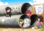  5girls @_@ bangs black_collar black_eyes black_hair blonde_hair blue_eyes blue_shorts blue_sky boots cat child clipboard closed_mouth collar commentary curly_hair cutlass_(girls_und_panzer) dark_skin day dixie_cup_hat emblem flag flint_(girls_und_panzer) frown girls_und_panzer grey_skirt hair_over_one_eye hat jinguu_(4839ms) jump_rope long_hair long_sleeves looking_at_another military_hat multiple_girls murakami_(girls_und_panzer) ogin_(girls_und_panzer) open_mouth outdoors pants ponytail red_footwear red_hair red_pants red_shirt rum_(girls_und_panzer) sandals shadow shark shirt short_sleeves shorts silver_eyes silver_hair sitting skirt skull_and_crossbones sky smile standing standing_on_one_leg stick striped striped_shirt sweat tank_top translation_request white_flag white_headwear white_shirt yellow_eyes yellow_shirt younger 