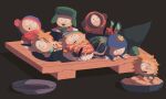  6+boys :d beanie blonde_hair blue_beanie blue_hat brown_background butters_stotch craig_tucker eric_cartman fish_(food) food green_hat green_mittens hat highres hiyashimeso hood hood_up hooded_jacket ikura_(food) jacket kenny_mccormick kyle_broflovski male_focus mini_person miniboy mittens multiple_boys on_food orange_jacket pom_pom_(clothes) pom_pom_beanie red_jacket smile south_park stan_marsh sushi sushi_geta tweek_tweak yellow_mittens 