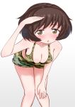  1girl akiyama_yukari bangs bikini bikini_shorts blush breasts brown_eyes brown_hair camouflage camouflage_bikini cleavage commentary eyebrows_visible_through_hair girls_und_panzer gradient gradient_background green_bikini grey_background hand_on_own_leg highres kemu_(guruguru_dan) leaning_forward medium_breasts messy_hair open_mouth salute short_hair shorts solo standing swimsuit 