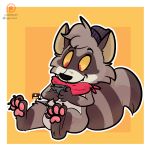  1:1 2019 4_fingers anthro cellphone digital_media_(artwork) eyebrows fur happy hi_res holding_object holding_phone mammal orange_background patreon paws phone procyonid raccoon red_eyes sadcat16hrz signature simple_background sitting smile solo watermark yellow_sclera 
