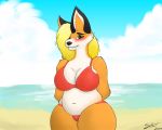  5:4 anthro april beach big_breasts blonde_hair blush breasts canid canine clothed clothing day female fox fur green_eyes hair hands_behind_back hi_res looking_at_viewer mammal navel orange_fur outside seaside seth_(xeo_snow) shy solo swimwear white_fur 
