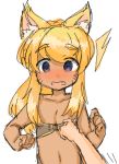  5_fingers animal_humanoid blonde_hair blue_eyes blush canid canid_humanoid canine canine_humanoid cute_fangs dog_humanoid female hair humanoid liru looking_at_viewer mammal mammal_humanoid navel open_mouth questionable_age renkin_3-kyuu_magical?_pokahn rori_(artist) simple_background surprise tan_skin tongue white_background young 