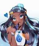  1girl abottleofstars armlet black_hair blue_eyes blue_hair dark_skin full_body gloves hair_bun jewelry necklace partly_fingerless_gloves pokemon pokemon_(game) pokemon_swsh ponytail rurina_(pokemon) solo sportswear 