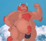  anthro belly body_hair bulge chernobog chest_hair clothing flexing gummylemon hairy_legs horn male musclegut nipples overweight pecs penis penis_base speedo swimwear tokyo_afterschool_summoners video_games 