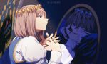  2boys arthropod_boy blue_background blue_eyes butterfly_wings crown diamond_hairband different_reflection dual_persona fate/grand_order fate_(series) fur_trim grey_hair head_on_hand ink_(inkypyon) insect_wings interlocked_fingers long_sleeves looking_at_mirror male_focus medium_hair mirror multiple_boys oberon_(fate) oberon_(first_ascension)_(fate) oberon_(third_ascension)_(fate) official_alternate_hair_color open_mouth own_hands_together profile reflection shade shirt simple_background smile upper_body white_shirt wings 