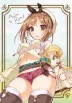  1girl airakasiba atelier_(series) atelier_ryza belt blush breasts brown_eyes brown_hair hair_ornament hairclip hat jewelry navel necklace open_mouth red_shorts reisalin_stout short_shorts shorts solo star thighhighs thighs yellow_eyes 