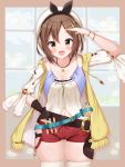  1girl absurdres artist_request atelier_(series) atelier_ryza belt blush breasts brown_eyes brown_hair hair_ornament hairclip hat highres jewelry looking_at_viewer navel necklace open_mouth red_shorts reisalin_stout short_shorts shorts solo star thighhighs thighs yellow_eyes 