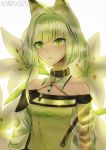  1girl animal_ears arknights artist_name bare_shoulders bright_background detached_collar flower green_eyes highres jewelry kaitsit_(arknights) lily_(flower) parted_lips pendant see-through_sleeves short_hair solo upper_body white_background xanax025 