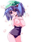  blue_eyes blue_hair blush breasts hair_bobbles hair_ornament hat kawashiro_nitori large_breasts miuku_(marine_sapphire) nipples one-piece_swimsuit school_swimsuit solo swimsuit swimsuit_pull touhou twintails two_side_up 