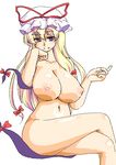  blonde_hair breasts cleavage collarbone crossed_legs hat huge_breasts long_hair lute_(apocalypselibrary) mob_cap navel nipples nude purple_eyes simple_background sitting solo touhou white_background yakumo_yukari 