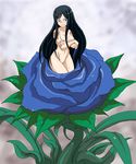  alura_une angry areolae bangs black_hair blue_eyes blush branzent breasts castlevania castlevania:_order_of_ecclesia commentary covering covering_breasts embarrassed english_commentary flower groin large_breasts long_hair looking_at_viewer navel nude nude_cover parted_bangs plant rose shanoa sidelocks solo sweat transformation venus_weed very_long_hair 