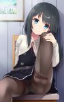  1girl asashio_(kantai_collection) belt black_hair black_legwear blazer blue_eyes chair cowboy_shot dress head_tilt highres jacket kantai_collection leg_up long_hair long_sleeves looking_at_viewer mofu_namako neck_ribbon panties panties_under_pantyhose pantyhose photo_(object) pinafore_dress red_ribbon ribbon sitting smile solo underwear white_panties 