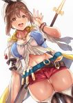  1girl atelier_(series) atelier_ryza belt breasts brown_eyes brown_hair brown_legwear cleavage commentary_request hair_ornament hairclip hat highres himuro_(dobu_no_hotori) jewelry large_breasts looking_at_viewer midriff navel necklace open_mouth red_shorts reisalin_stout short_hair short_shorts shorts simple_background solo star teeth thigh_gap thighhighs thighs upper_teeth white_background white_headwear white_legwear 