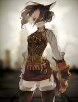  1girl animal_ears belt black_hair blurry blurry_background brown_gloves cat_ears cat_tail day facial_mark facing_viewer final_fantasy final_fantasy_xiv fur_trim gloves green_eyes hug_ff14 legs_apart miqo&#039;te outdoors short_hair skirt solo standing tail thighhighs whisker_markings wind 