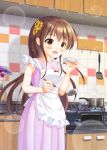  1girl apron blush brown_eyes brown_hair burner cooking cupboard drawer dress flower hair_flower hair_ornament holding_ladle lens_flare_abuse long_hair looking_at_viewer open_mouth original oven pot sakurasan shadow sidelocks sleeveless sleeveless_dress spatula standing tile_wall tiles 