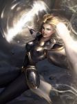  1girl battle blonde_hair blue_eyes boobplate breastplate breasts deardd highres league_of_legends luxanna_crownguard magic medium_breasts outstretched_arm tagme wand 