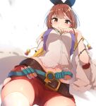  1girl atelier_(series) atelier_ryza belt breasts brown_eyes brown_hair from_below hair_ornament hairclip hat jewelry katuo1129 looking_at_viewer medium_breasts midriff navel necklace red_shorts reisalin_stout short_shorts shorts simple_background solo star thighhighs thighs white_background white_headwear white_legwear 