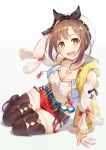  1girl :3 arm_support arm_up atelier_(series) atelier_ryza belt black_gloves brat breasts brown_eyes brown_hair cleavage collarbone flask gloves hair_ornament hairclip hat highres jewelry long_hair looking_at_viewer medium_breasts necklace red_shorts reisalin_stout round-bottom_flask short_shorts shorts single_glove sitting smile solo star test_tube thighhighs thighs white_headwear yokozuwari 