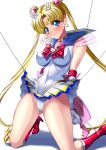  1girl back_bow bdsm bishoujo_senshi_sailor_moon blonde_hair blue_eyes blue_sailor_collar bondage boots bound bow chain choker commentary_request double_bun elbow_gloves gloves gold_choker hair_ornament heart heart_choker highleg highleg_leotard impossible_clothes impossible_leotard kneeling leotard long_hair multicolored multicolored_clothes multicolored_skirt pleated_skirt red_bow red_footwear restrained sailor_collar sailor_moon sen_(sansui) simple_background skirt solo super_sailor_moon tiara tsukino_usagi white_background white_gloves white_leotard 