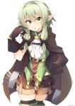  1girl absurdres arrow black_bow black_gloves blush bow breasts cape commentary elf eyebrows_visible_through_hair gloves goblin_slayer! green_eyes green_hair hair_between_eyes hair_bow high_elf_archer_(goblin_slayer!) highres long_hair looking_at_viewer open_mouth pointy_ears rizalx shorts sidelocks simple_background small_breasts solo thighhighs white_background 