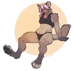  anthro clothed clothing female flynx-flink fur hair hi_res hyaenid looking_at_viewer mammal navel pink_hair simple_background smile solo spotted_hyena tongue tongue_out 