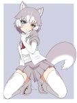  1girl animal_ear_fluff animal_ears blue_eyes boots commentary dog_(mixed_breed)_(kemono_friends) dog_ears dog_tail elbow_gloves eyebrows_visible_through_hair finger_to_mouth full_body fur-trimmed_boots fur-trimmed_sleeves fur_trim gloves grey_background grey_hair grey_skirt head_tilt heterochromia ilyfon133 kemono_friends looking_at_viewer multicolored_hair short_sleeves simple_background sitting skirt solo tail thighhighs two-tone_hair white_gloves white_hair white_legwear yellow_eyes 