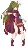  1girl chiki circlet dress fire_emblem fire_emblem:_monshou_no_nazo fire_emblem_heroes green_eyes green_hair hood jewelry long_hair looking_at_viewer mamkute pink_dress pointy_ears ponytail shiseki_hirame short_dress simple_background smile solo tiara 