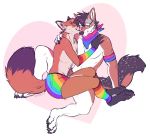  anthro bandanna black-backed_jackal canid canine canis clothed clothing duo eyes_closed eyewear flynx-flink fox fur glasses hair hi_res jackal male male/male mammal sitting smile topless 