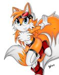  anthro belt blue_eyes canid canine chest_tuft clothing darkfang100 eyewear female fluffy fluffy_tail fox fur goggles hi_res looking_at_viewer mammal miles_prower multi_tail orange_fur solo sonic_(series) tuft white_fur 