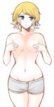  1girl blonde_hair blush breasts covering_nipples earrings fire_emblem fire_emblem_heroes fjorm_(fire_emblem_heroes) groin highres jewelry looking_away navel partially_undressed short_hair small_breasts solo thighs tridis underwear underwear_only white_background 