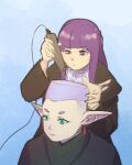  2girls barber_cape black_coat choso_giving_toudou_a_haircut_(meme) closed_mouth coat cutting_hair earrings electric_razor elf fade_(haircut) fern_(sousou_no_frieren) frieren green_eyes grey_hair hime_cut holding jewelry long_hair long_sleeves meme multiple_girls pointy_ears purple_eyes purple_hair robertofurutart smile sousou_no_frieren 