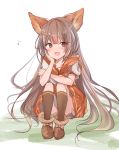  1girl :d absurdres animal_ears arm_support aster_(granblue_fantasy) bangs blush brown_eyes brown_footwear brown_hair brown_legwear brown_sailor_collar brown_skirt eighth_note erune eyebrows_visible_through_hair full_body fur-trimmed_boots fur_trim granblue_fantasy hair_between_eyes hair_ornament hand_up highres kneehighs knees_up long_hair looking_at_viewer musical_note natsu_(sinker8c) open_mouth sailor_collar school_uniform serafuku shirt short_sleeves sitting skirt smile solo very_long_hair white_background white_shirt 