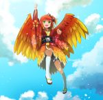  1girl arm_up artist_name bangs banjo-kazooie bird_wings blush bow clenched_hand cloud gradient_hair green_eyes hair_bow highres japanese_clothes kazooie_(banjo-kazooie) kimono looking_at_viewer miraxth523 multicolored_hair new_year open_mouth orange_hair personification petals short_ponytail shorts sky smile solo tabi wings 