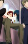  2boys 2girls :o blue_hair blurry_foreground blush brown_pants commentary_request faceless faceless_male formal hair_ornament hairclip long_hair long_sleeves love_live! love_live!_sunshine!! multiple_boys multiple_girls neckerchief pants red_hair red_neckwear sakurauchi_riko school_uniform sellel serafuku shirt short_sleeves sitting standing suit sweatdrop train_interior tsushima_yoshiko uranohoshi_school_uniform wall_slam window yellow_eyes yellow_neckwear yuri 