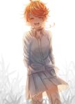  1girl :d absurdres arms_behind_back blush closed_eyes collared_shirt cowboy_shot dress_shirt emma_(yakusoku_no_neverland) highres long_sleeves miniskirt notsuki_(koma128) open_mouth orange_hair pleated_skirt shirt short_hair simple_background skirt smile solo standing twitter_username white_background white_shirt white_skirt wing_collar yakusoku_no_neverland 