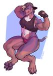  anthro blonde_hair breasts canid canine canis clothing domestic_dog facial_piercing female fingerless_gloves flexing flynx-flink gloves hair hat headgear headwear hi_res looking_at_viewer mammal muscular muscular_female nose_piercing piercing septum_piercing solo underwear 