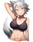  1girl :d abs animal_ear_fluff animal_ears arm_behind_head arm_up armpits bangs bare_arms bare_shoulders black_tank_top blush breasts cleavage commentary_request crop_top cropped_torso eyebrows_visible_through_hair hair_between_eyes head_tilt inubashiri_momiji kasuka_(kusuki) large_breasts looking_at_viewer midriff navel no_hat no_headwear open_mouth red_eyes short_hair silver_hair simple_background smile solo stomach tail tank_top touhou upper_body white_background wolf_ears wolf_tail 