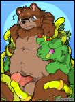  2019 5_fingers ambiguous_gender anthro balls bearwyn black_border blue_background blush border brown_bear brown_fur canid duo erection eyewear front_view fur glasses green_fur licking licking_lips looking_at_penis male male/ambiguous mammal motion_lines nervous nude o-kemono penis purple_eyes self_lick signature simple_background slightly_chubby tentacle_dog tongue tongue_out url ursid ursine vein veiny_penis watermark 