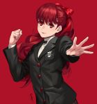  1girl black_jacket bow clenched_hand eyebrows_visible_through_hair floating_hair hair_between_eyes hair_bow jacket long_hair long_sleeves looking_at_viewer outstretched_arm parted_lips persona persona_5 persona_5_the_royal red_background red_bow red_eyes red_hair school_uniform shiny shiny_hair simple_background smile solo sora_yoshitake_yuda sweater turtleneck turtleneck_sweater upper_body very_long_hair white_sweater yoshizawa_kasumi 