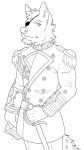  aluminemsiren anthro black_and_white canid canine canis clothed clothing eye_patch eyewear hi_res looking_at_viewer male mammal melee_weapon monochrome solo sword weapon wolf 