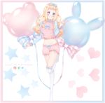  1girl artist_name balloon bangs blonde_hair blue_bow blue_eyes blush bow breasts commentary commission english_commentary full_body hair_bow hair_ribbon heart highres instagram_logo kneehighs long_hair long_sleeves looking_at_viewer medium_breasts navel original pink_shorts puppypaww red_bow red_ribbon ribbon shorts smile solo standing star star_in_eye symbol_in_eye twitter_logo v white_legwear 