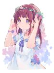  1girl :o bangs blue_ribbon blush brown_hair collarbone commentary_request dress eyebrows_visible_through_hair floral_background food fruit hair_ribbon hands_up head_wreath long_hair looking_away neck_ribbon original parted_lips purple_eyes ribbon sailor_collar sailor_dress sencha_(senta_10) short_sleeves signature solo strawberry twintails upper_body white_background white_dress white_ribbon white_sailor_collar 